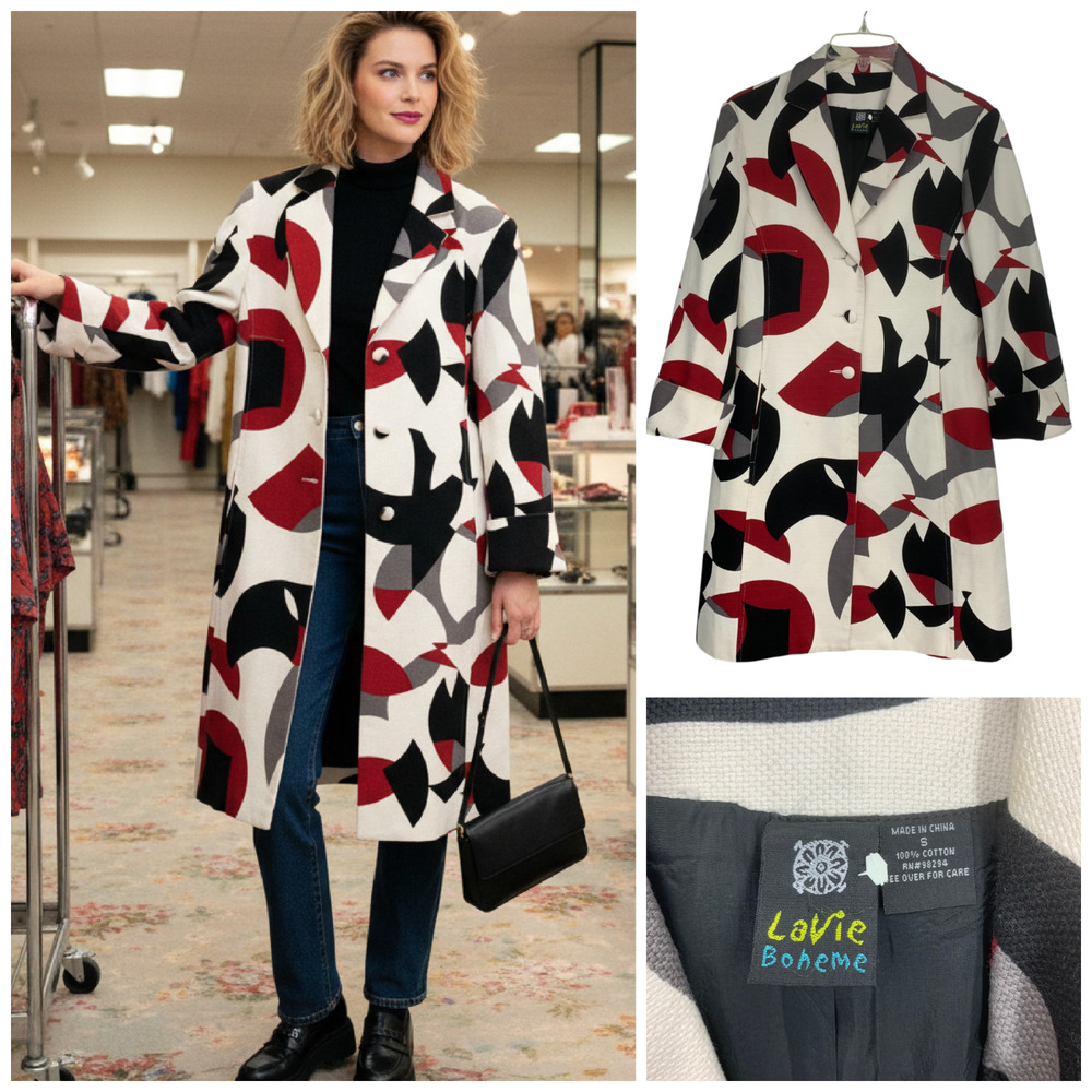 Vintage 1990s LaVie Boheme Abstract Mod Print Long Jacket Coat Sz S Y2K